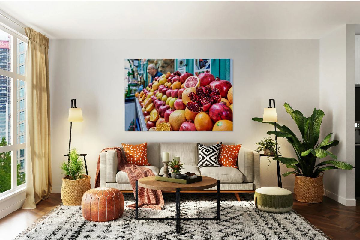 Fresh fruit stall in old city of Jerusalem filled with colorful 