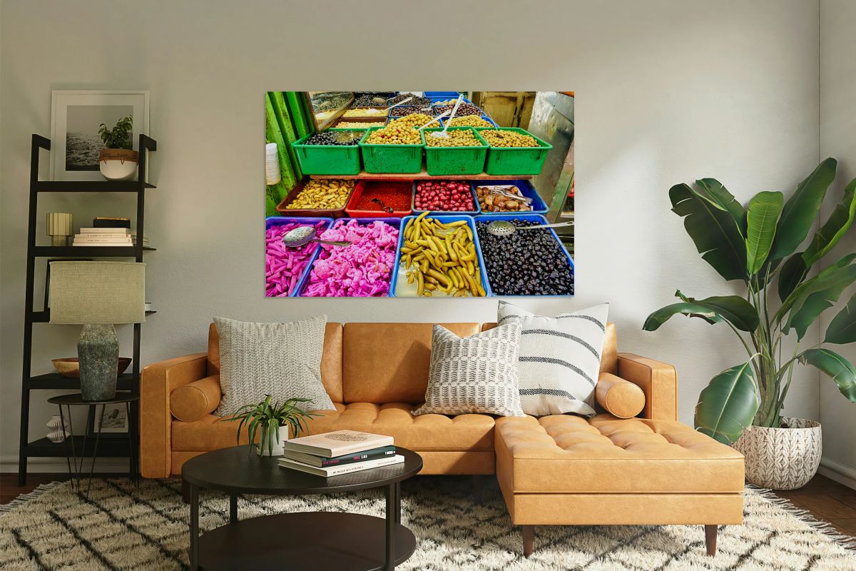 Pickles and olives for sale in market in old city of Jerusalem