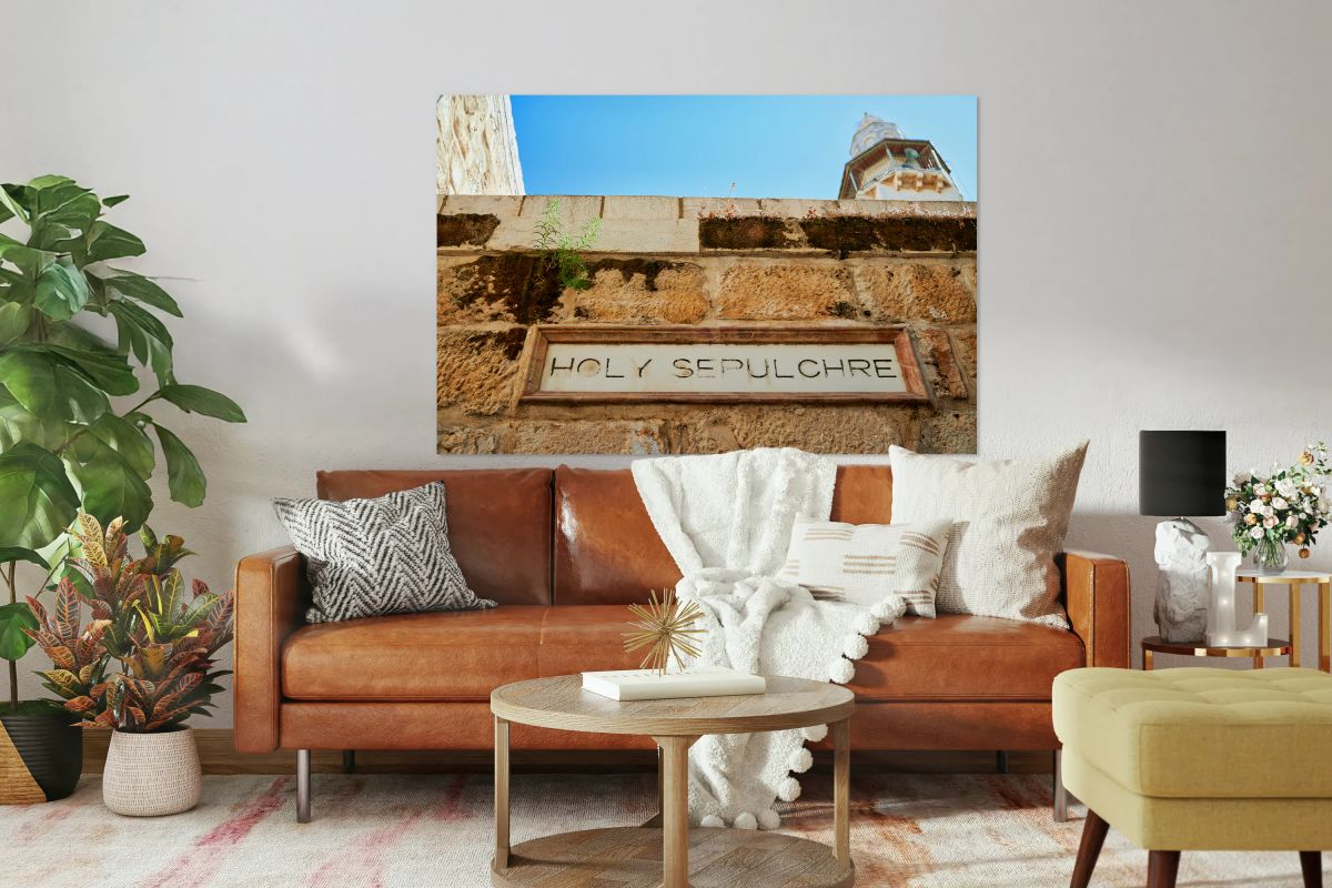 Holy Sepulchre sign seen in the old city of Jerusalem Israel