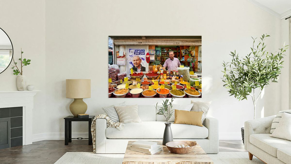 Market scene in Mahane Yehuda with spices and local vendor