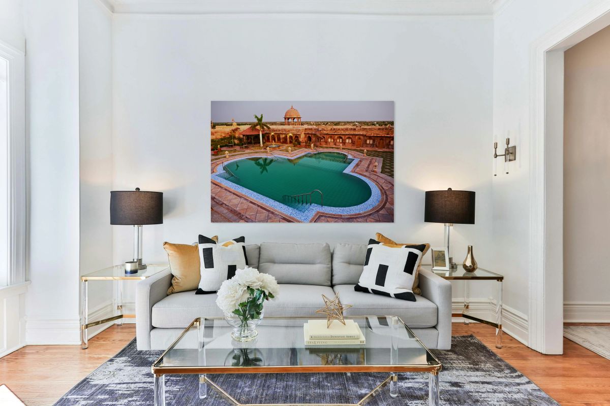 Khimsar Fort pool area in Rajasthan during sunset