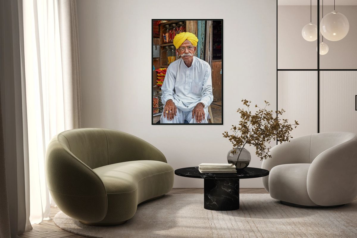 Senior man sitting in Jaisalmer market in Rajasthan India
