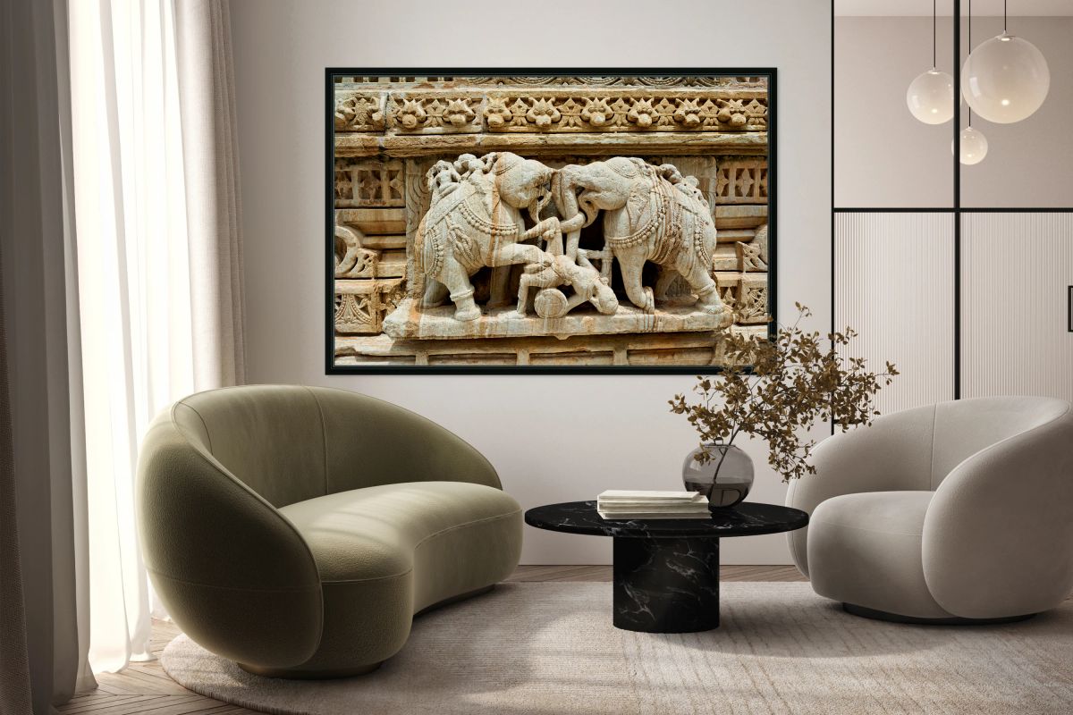 Elephants and warriors carved on Chittorgarh Fort wall in Rajast