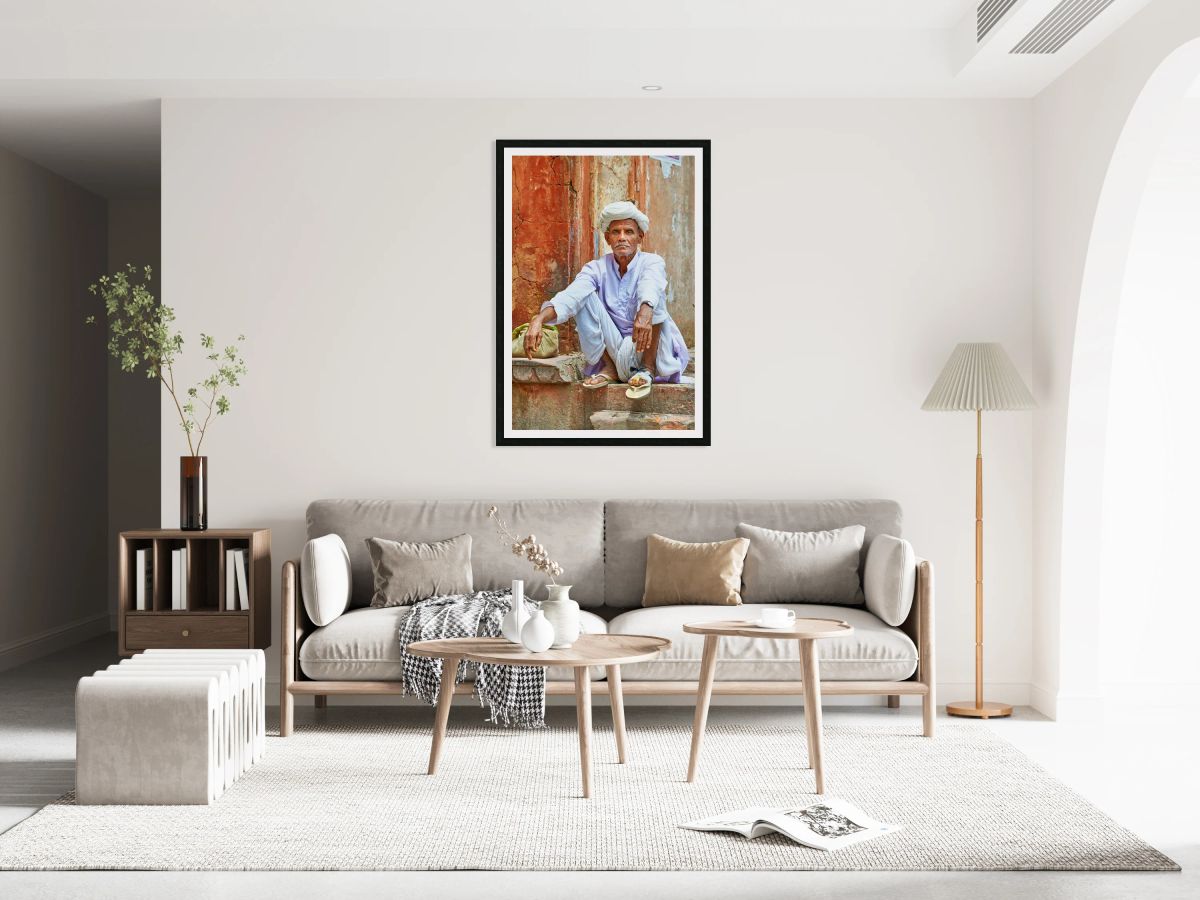 Portrait of a man with white turban sitting in Jaipur India