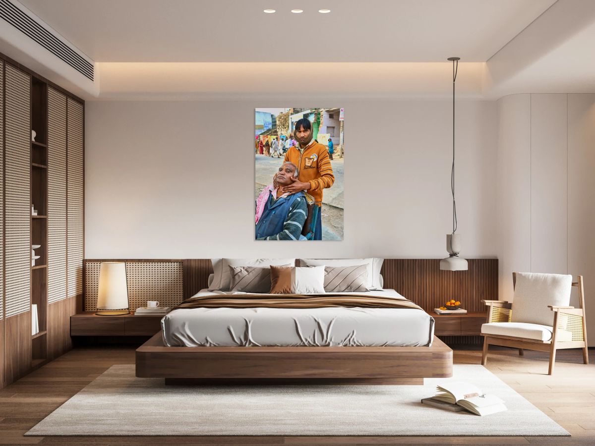 Barber serves customer on street in Orchha Madhya Pradesh Indi