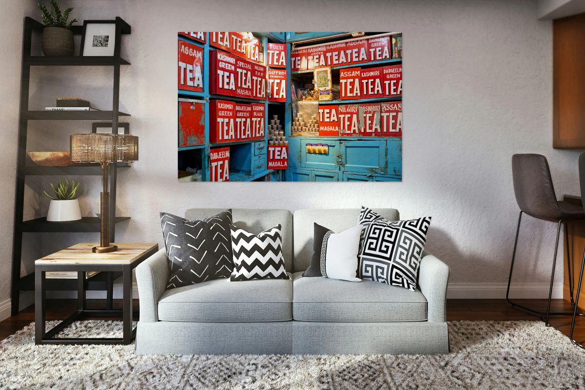 Varanasi tea stall with various tea types and colorful boxes
