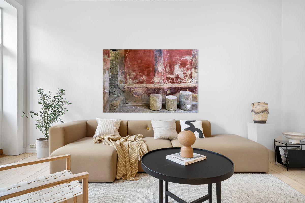 Pompeii site with stone seats and worn wall in Naples Italy