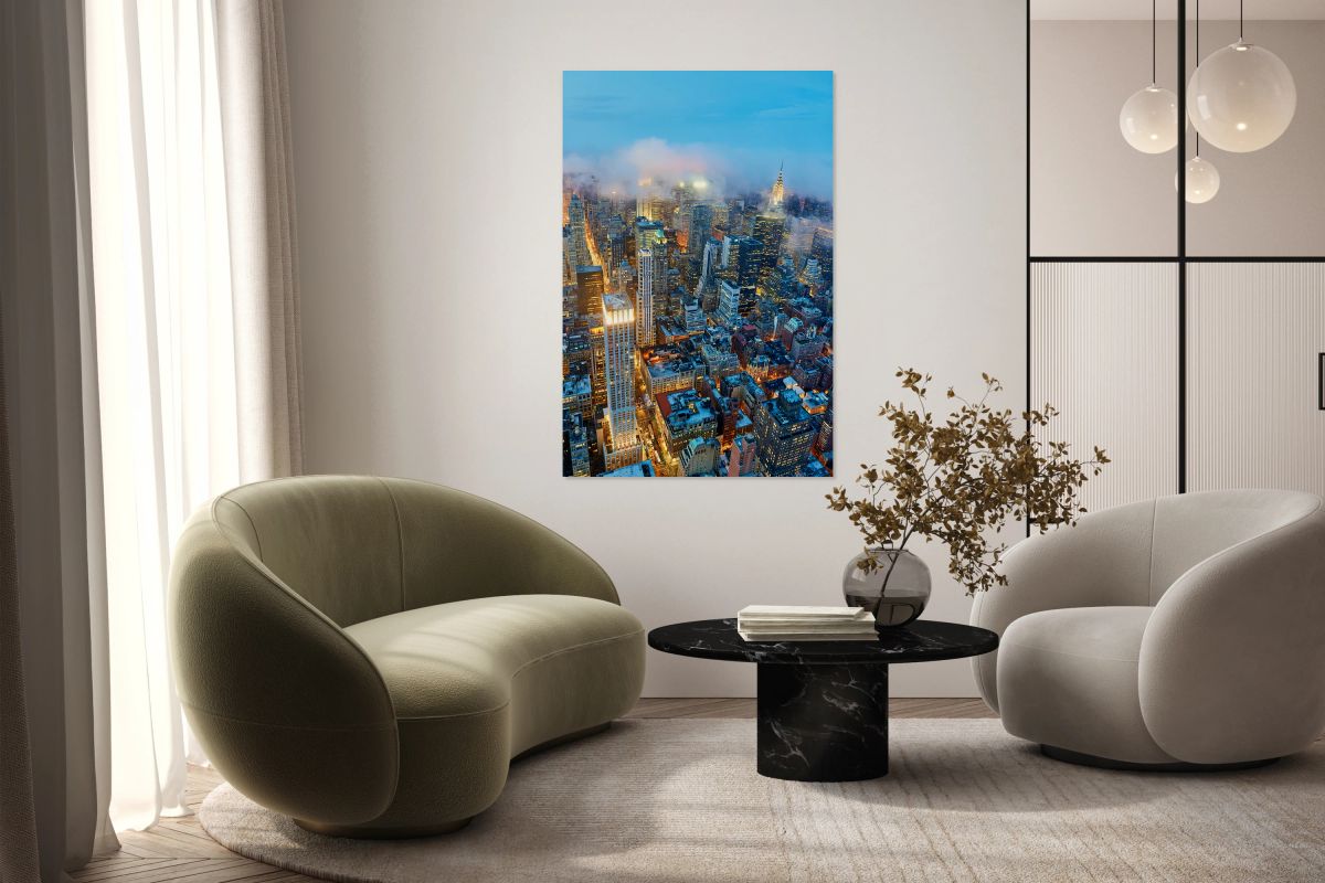 Dusk view of Manhattan showing city lights and skyscrapers