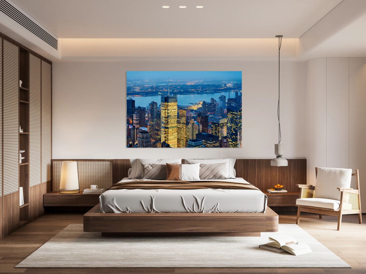 Aerial view of Manhattan skyline at dusk over New York City