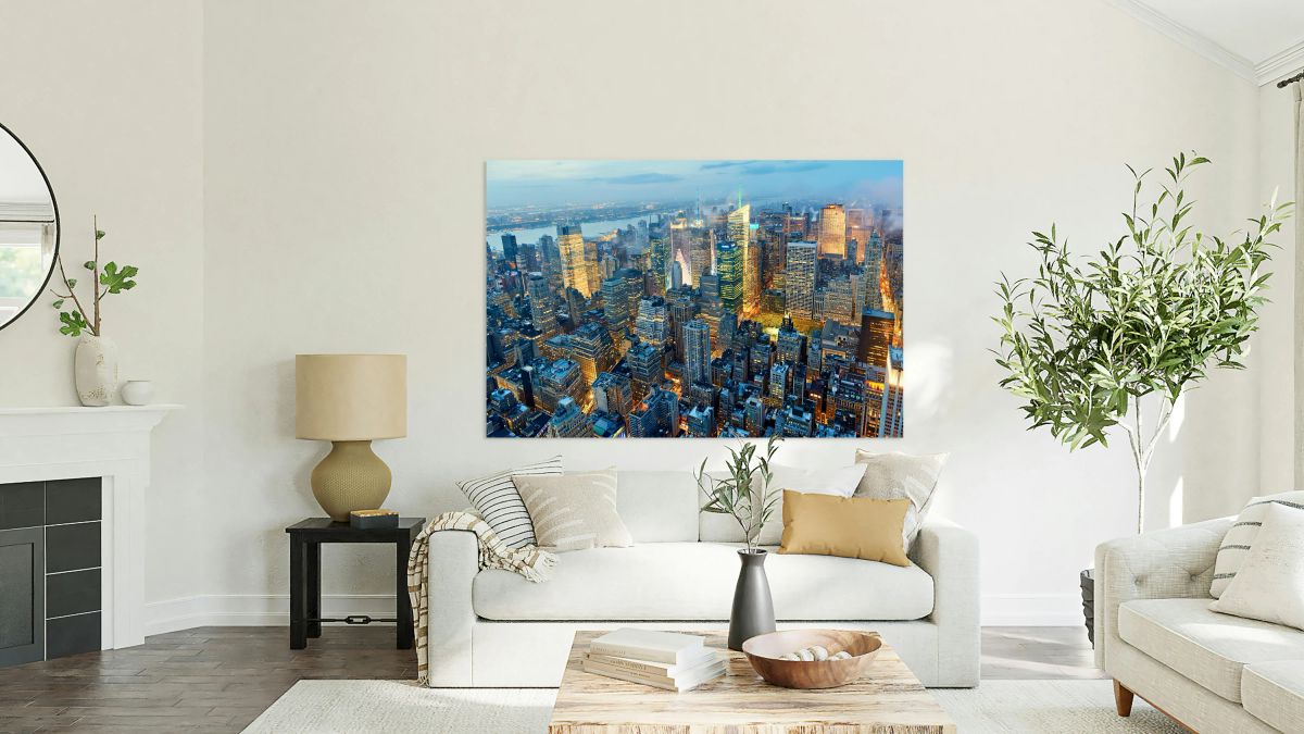 Aerial view of Manhattan in New York at dusk with city lights