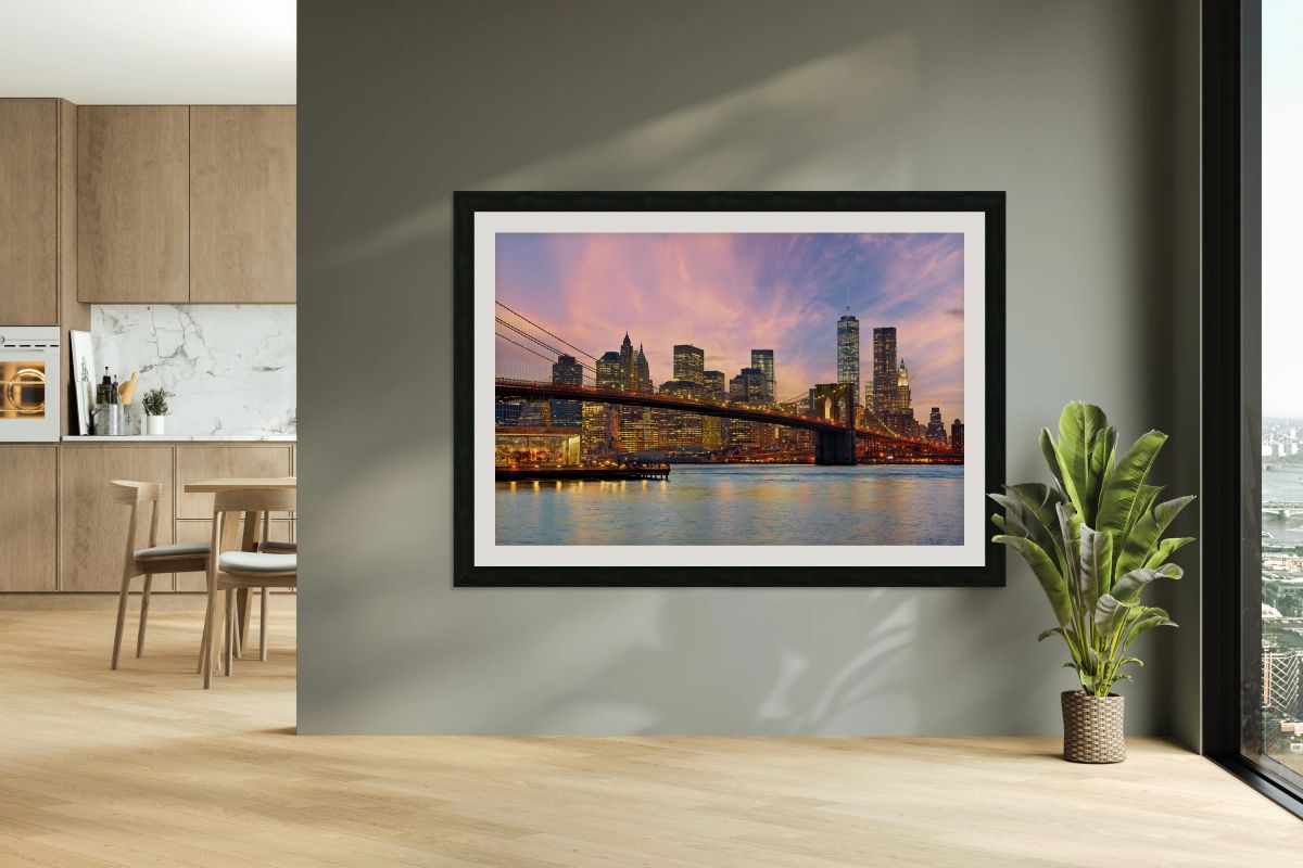 Brooklyn Bridge and New York City skyline at sunset in HDR