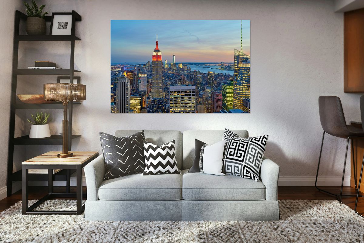 Manhattan aerial view showing Empire State Building at sunset