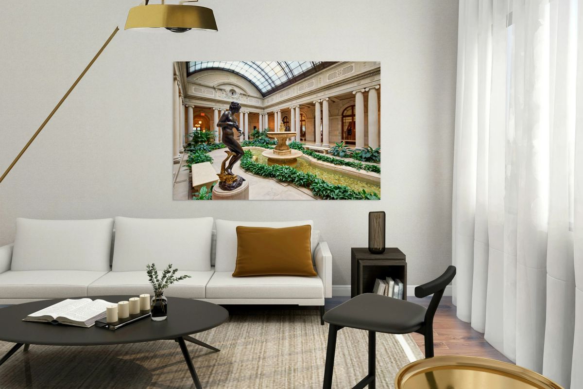 Visitors explore the courtyard at the Frick Collection in Manhat