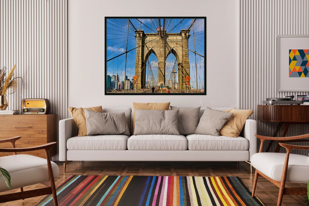 Walking on Brooklyn Bridge in New York City on a clear day