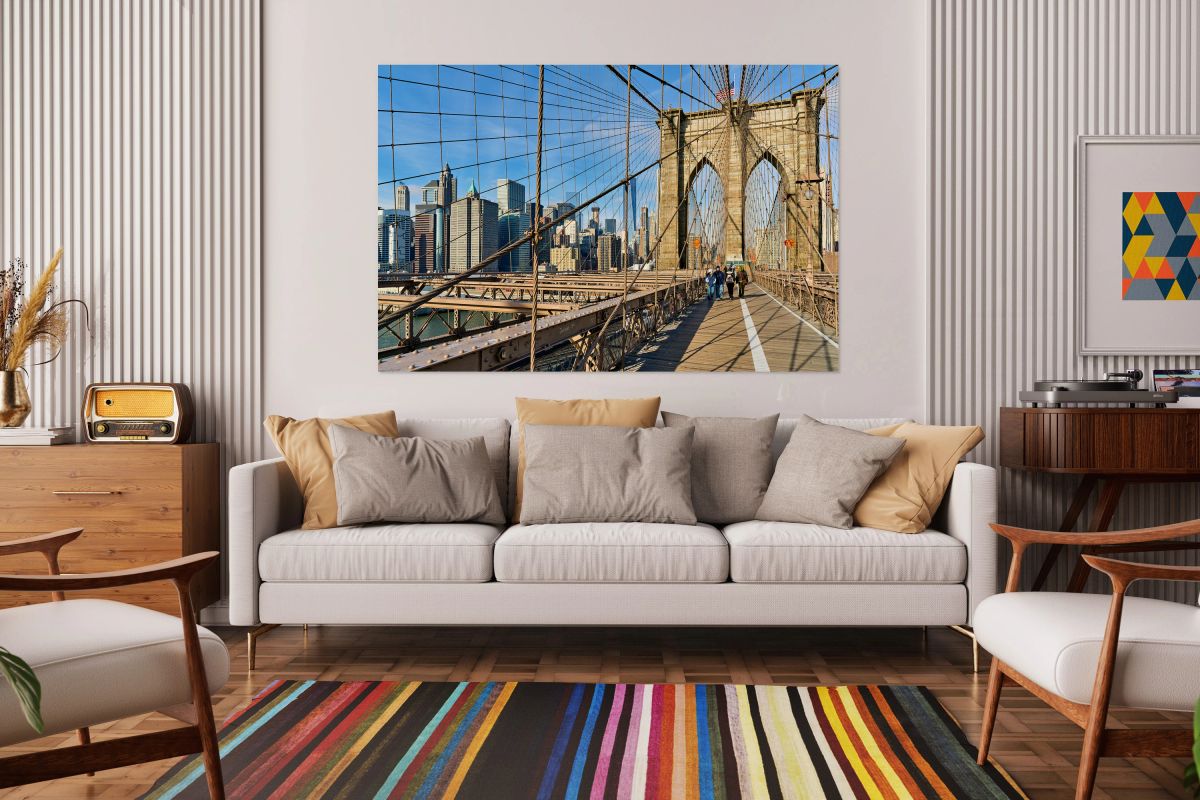 Crossing Brooklyn Bridge on foot in Manhattan New York