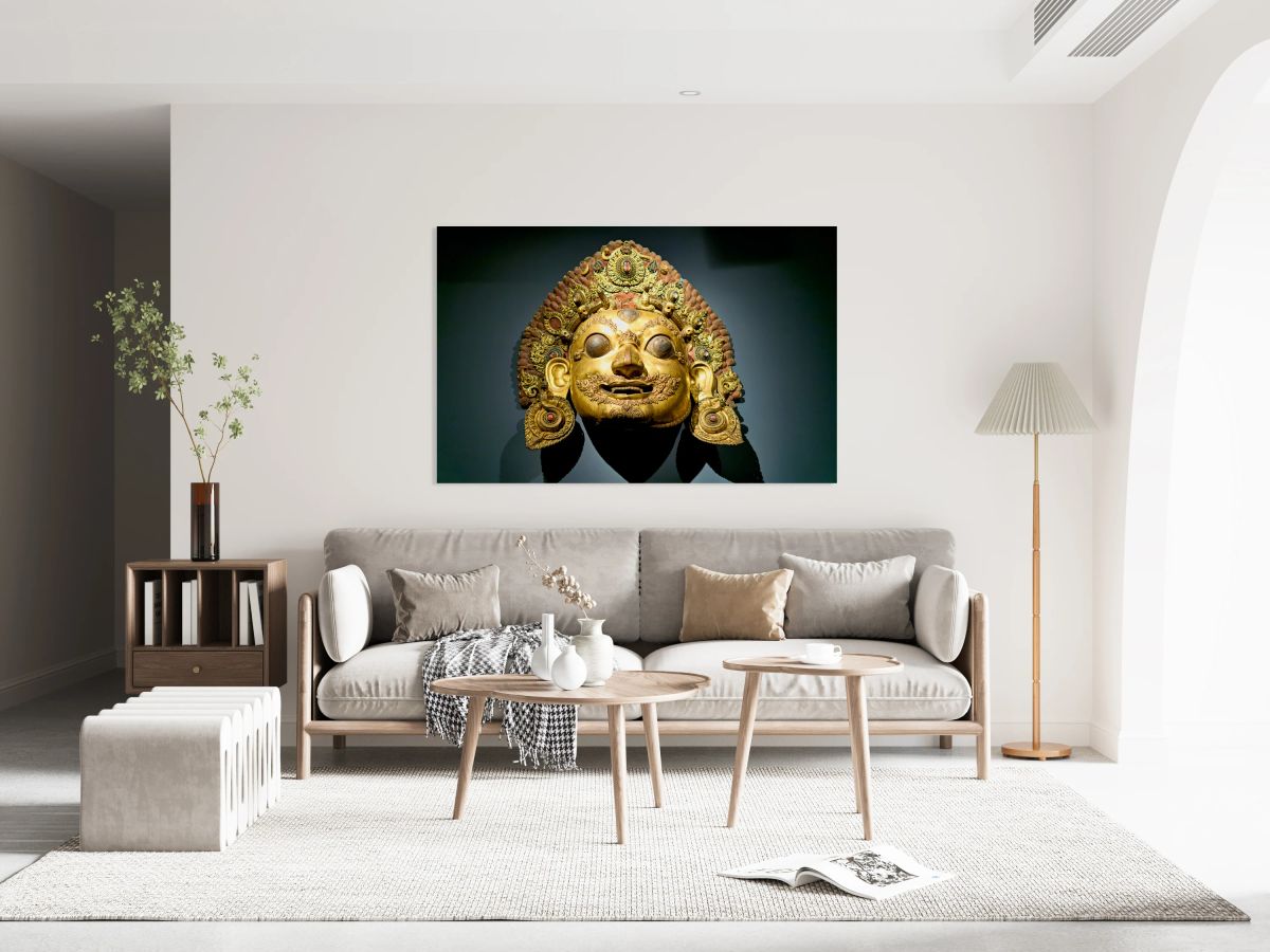 Golden face mask displayed at the Asian Art Gallery in Manhattan