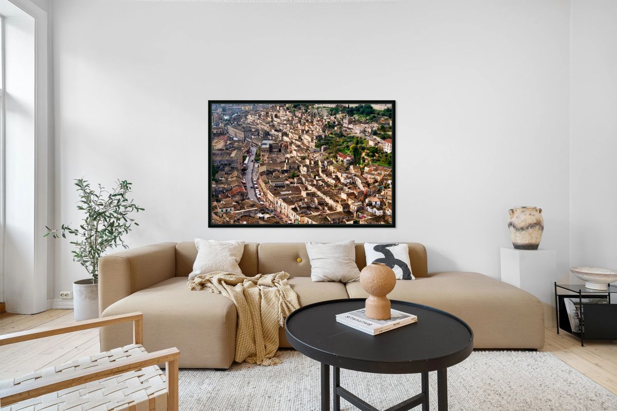 View of Modica in Sicily with buildings and streets built on hil
