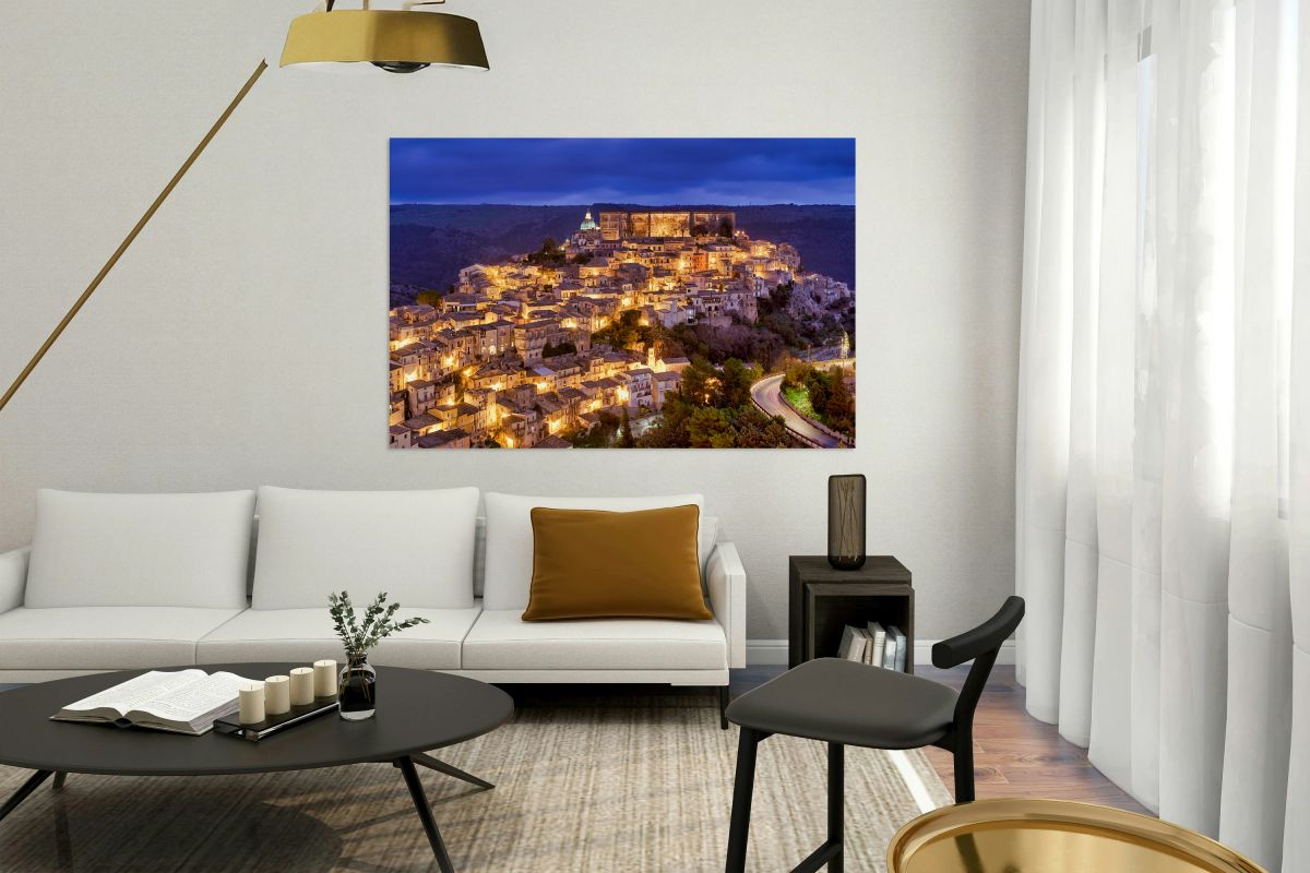 Panorama view of Ragusa Ibla old town during sunset in Sicily