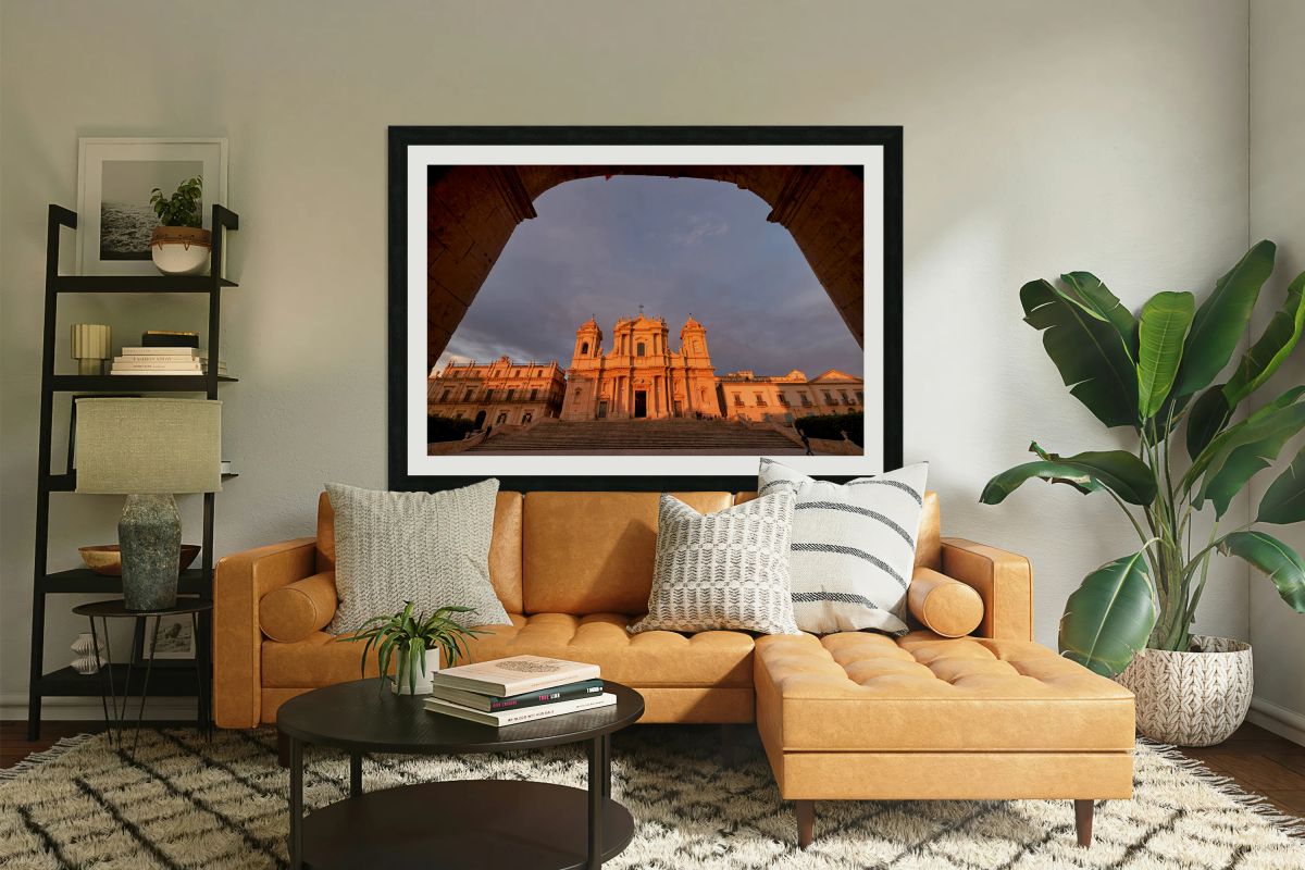 Noto Cathedral in Sicily Italy during sunset with archway view
