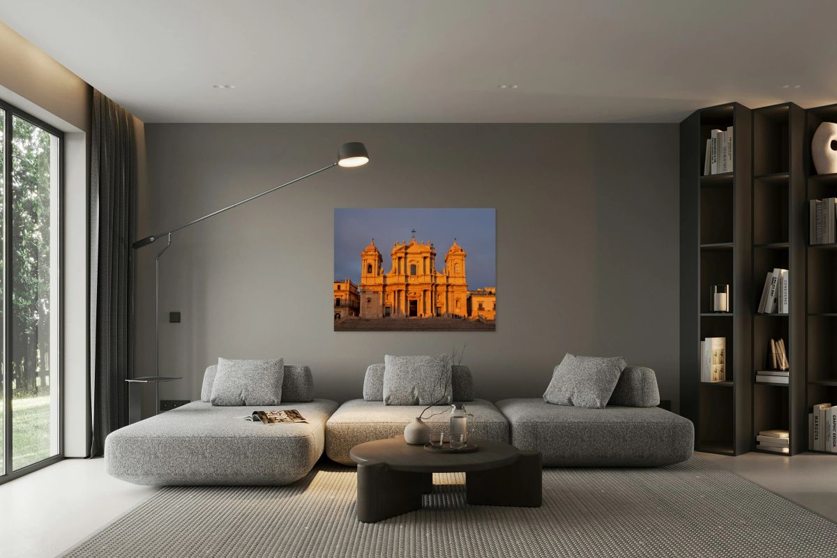 Noto Cathedral stands tall during sunset in Noto Sicily