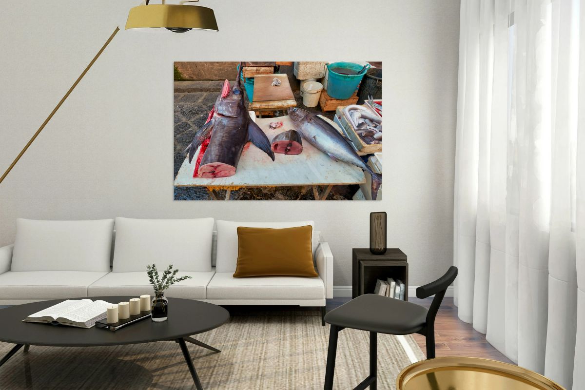 Fresh seafood displayed at Piscaria market in Catania Italy