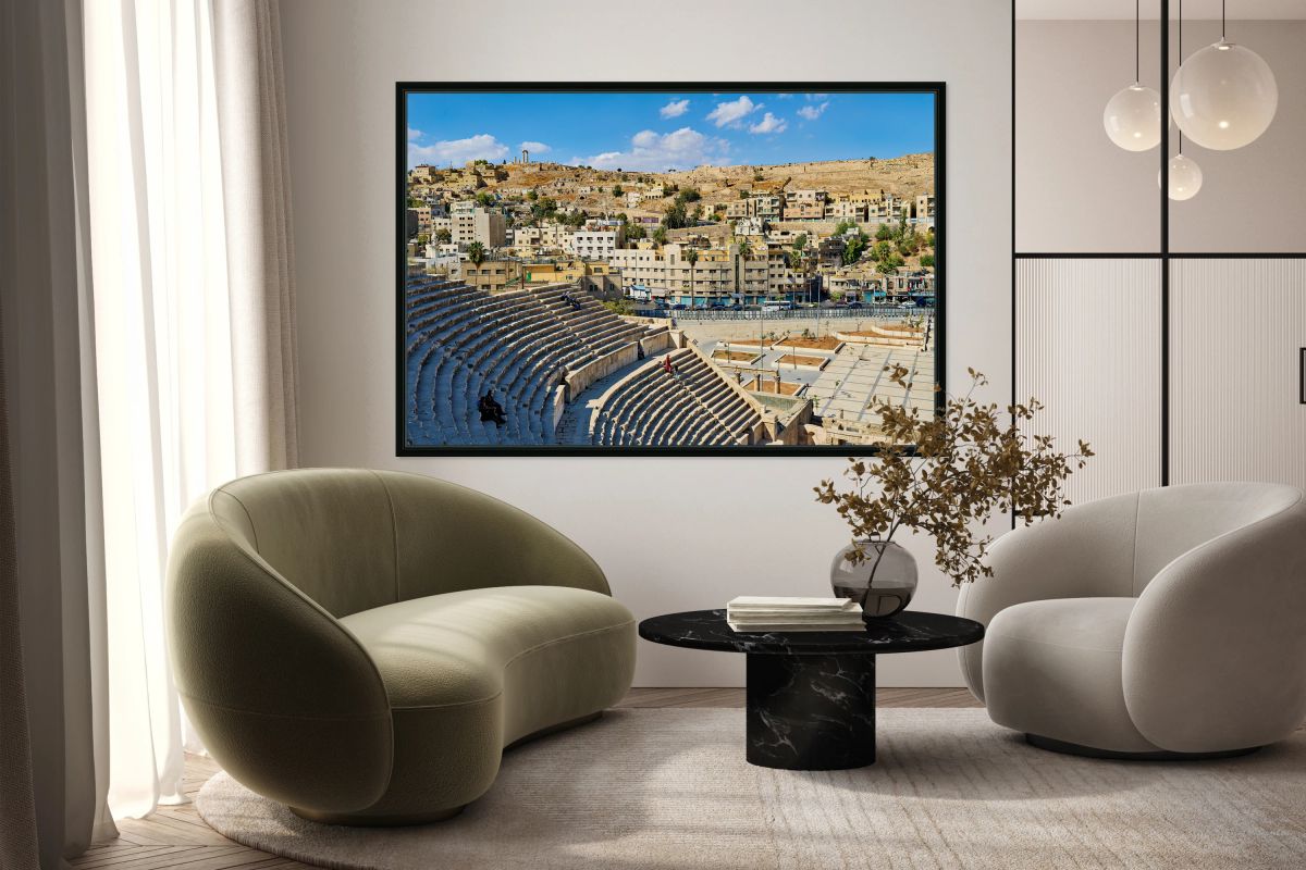 View of Roman Theater in Amman Jordan with surrounding buildings
