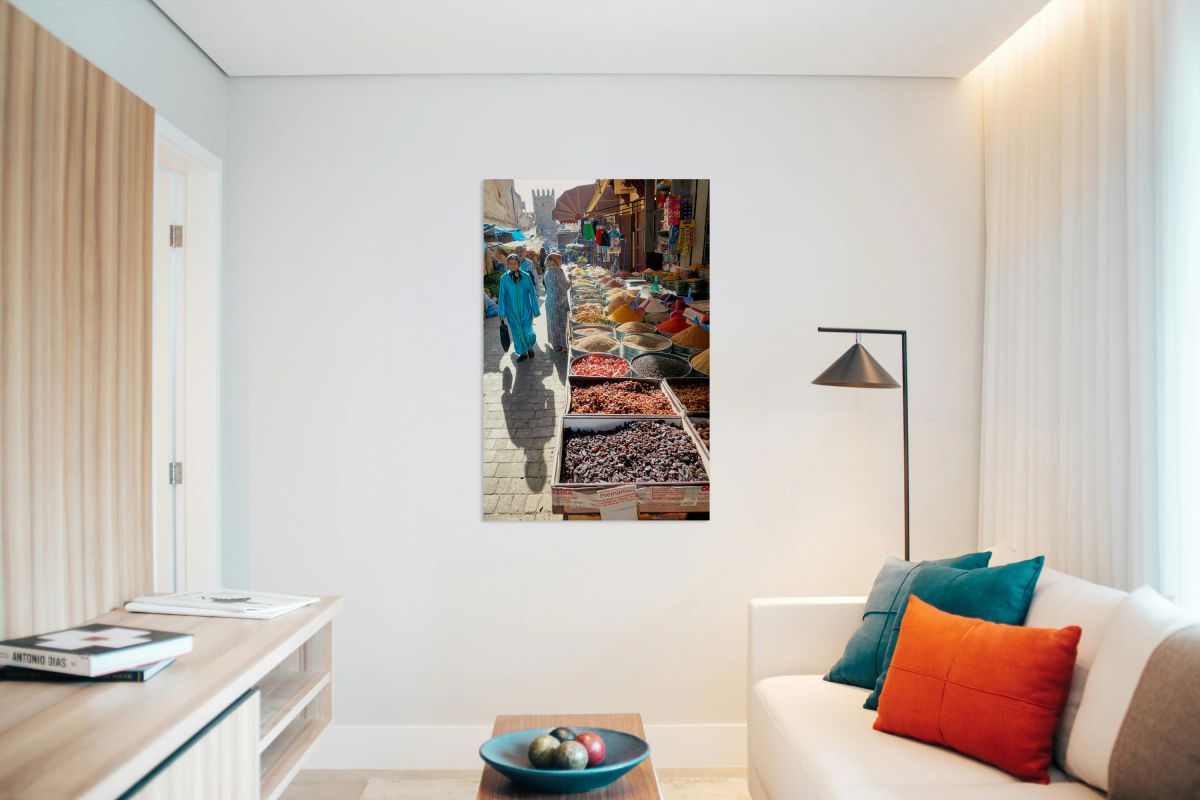 Sale of dried fruit and spices in the souk of Fez Morocco