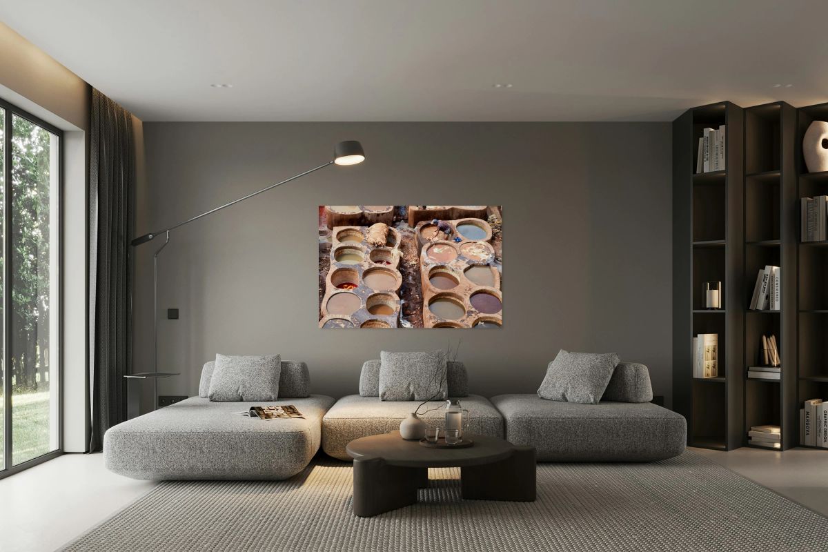 Workers processing leather at Chouara Tannery in Fez Morocco