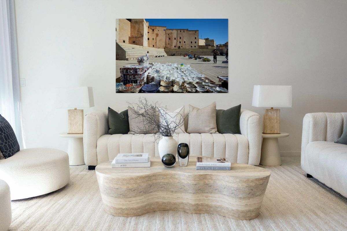 Market scene in Fez with ceramic mugs and home accessories for s