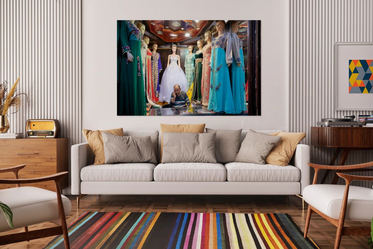 Wedding dress sale in Fez Medina with displays of traditional st