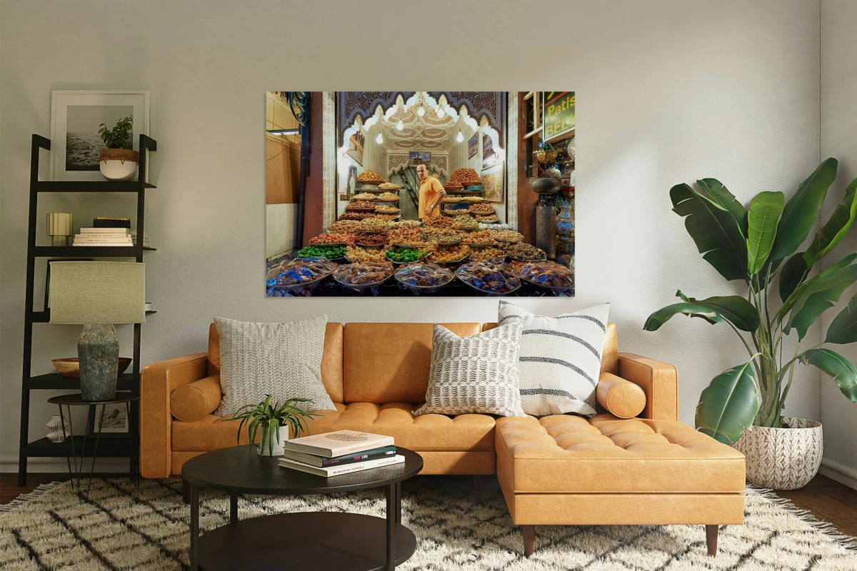 Sale of dried fruit at souk in Marrakesh Morocco