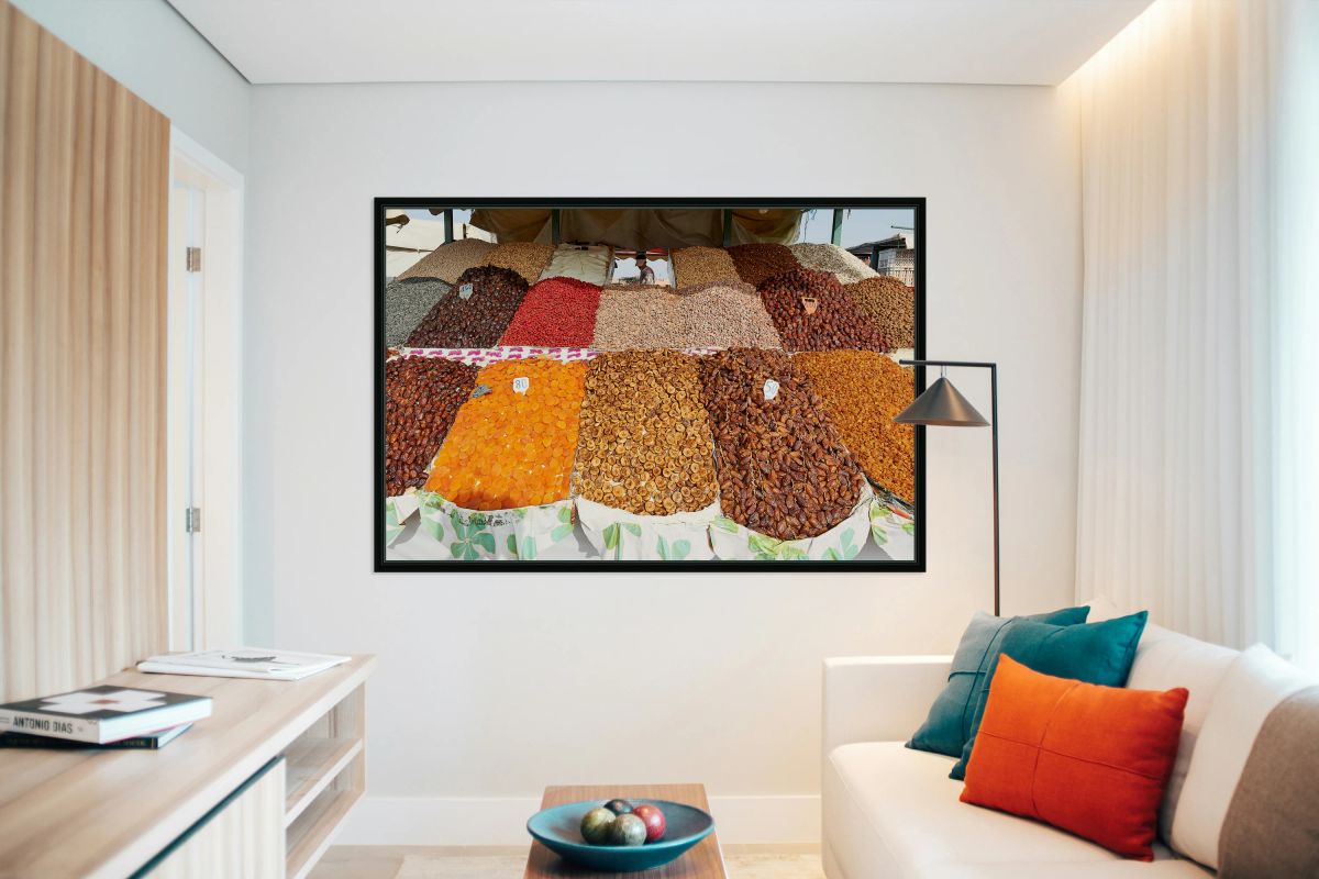 Fruit vendors sell dried fruit in Marrakesh Morocco