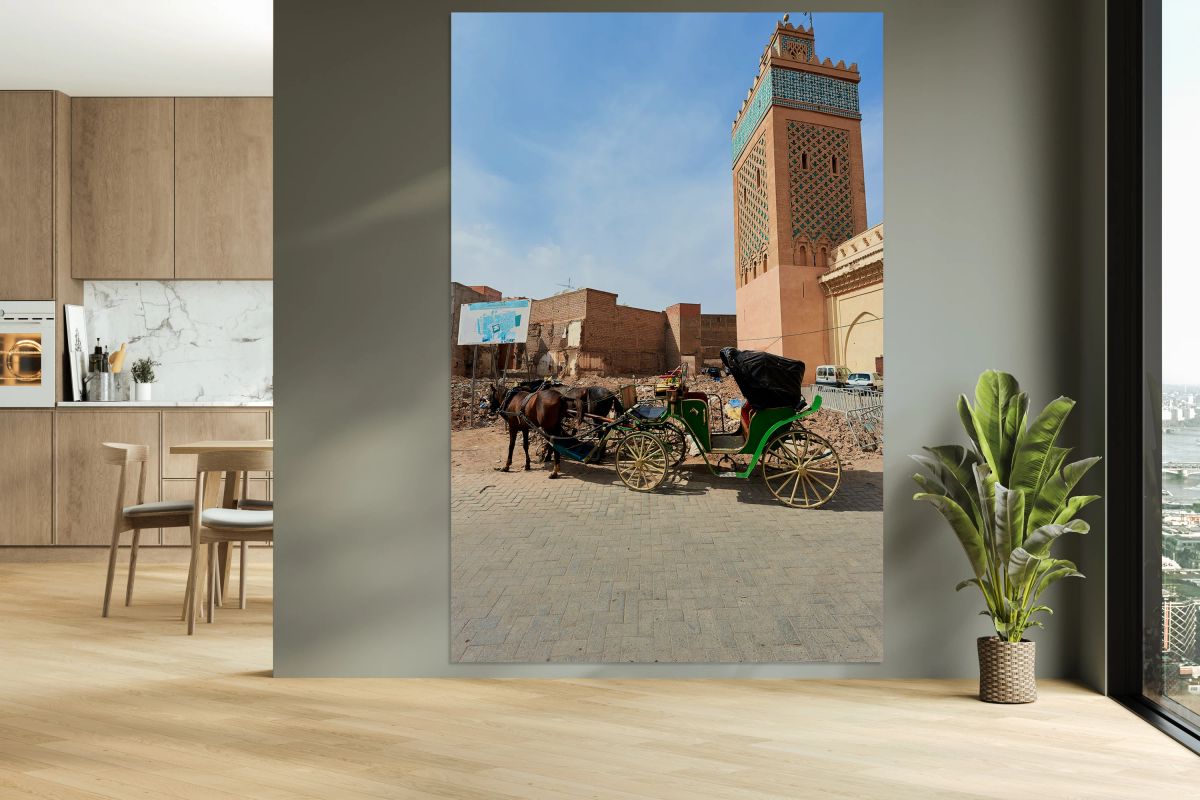 Horse carriage waiting near old town in Marrakesh Morocco