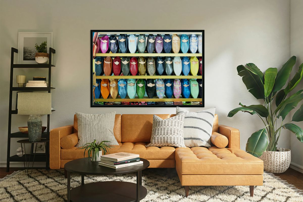 Traditional moroccan slippers displayed in marrakesh shop