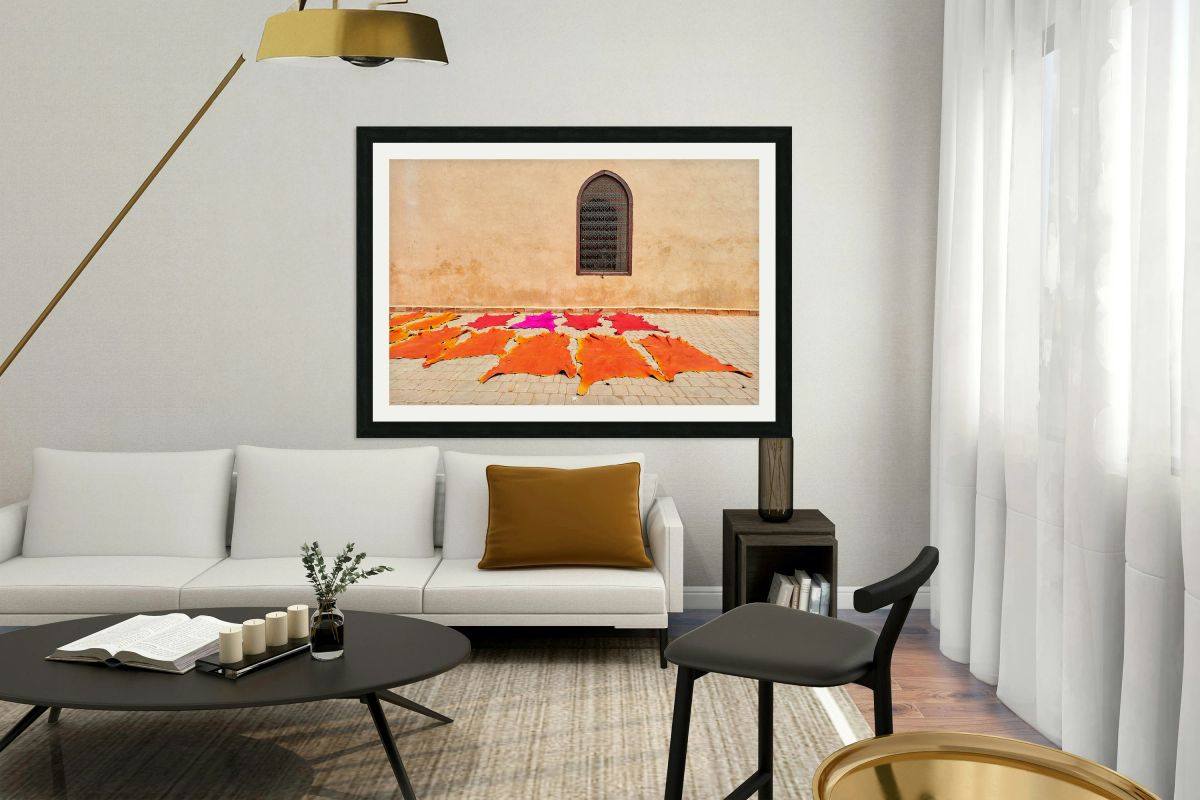 Dyed leather drying in the sun in Marrakesh Morocco