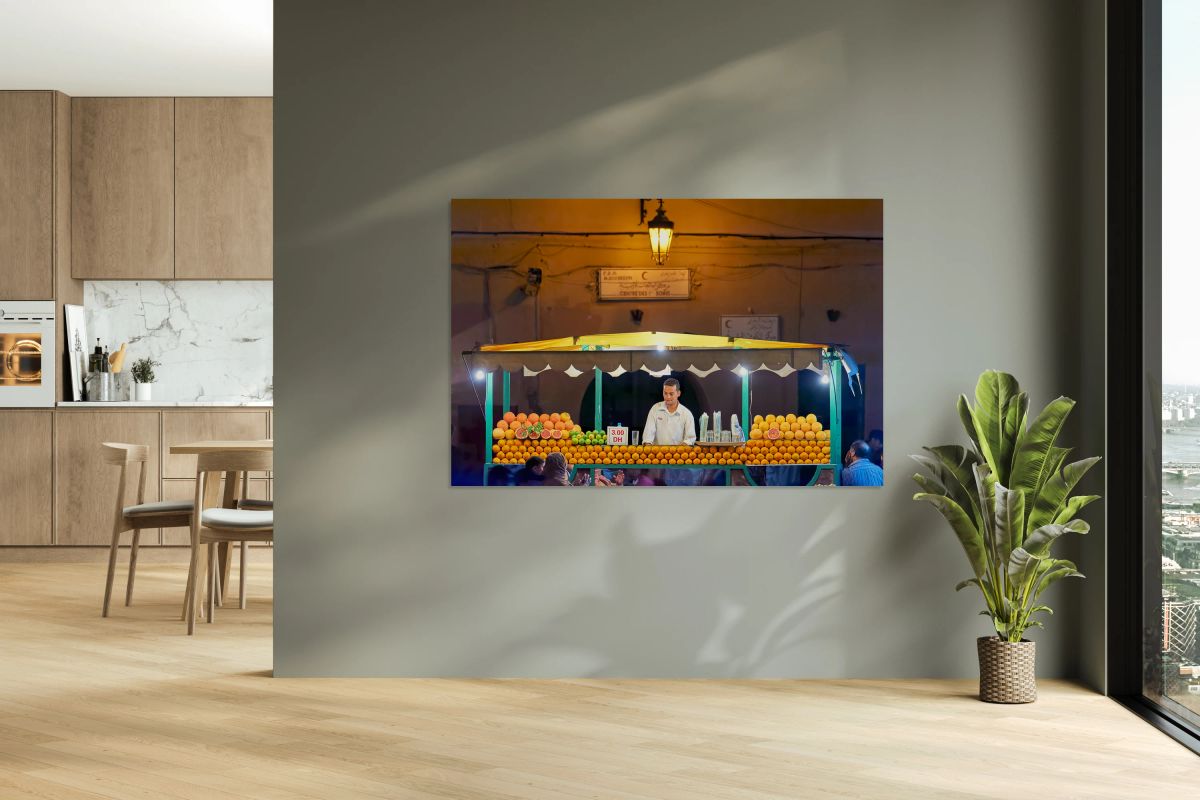 Orange juice stall in Marrakesh with fresh fruits at night