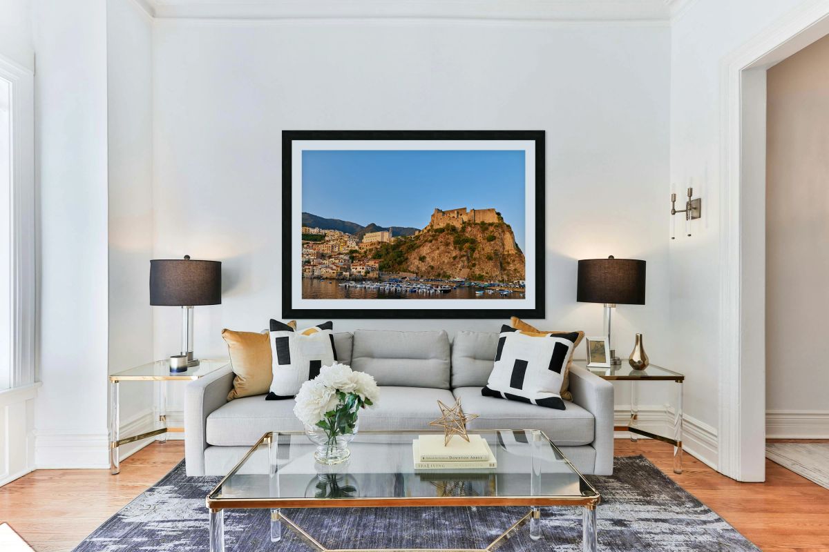 Sunrise over Chianalea village and Ruffo castle in Calabria