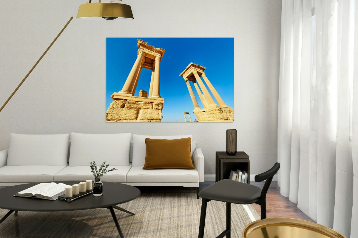 Tetrapylon structure in ancient Palmyra of Syria under clear sky