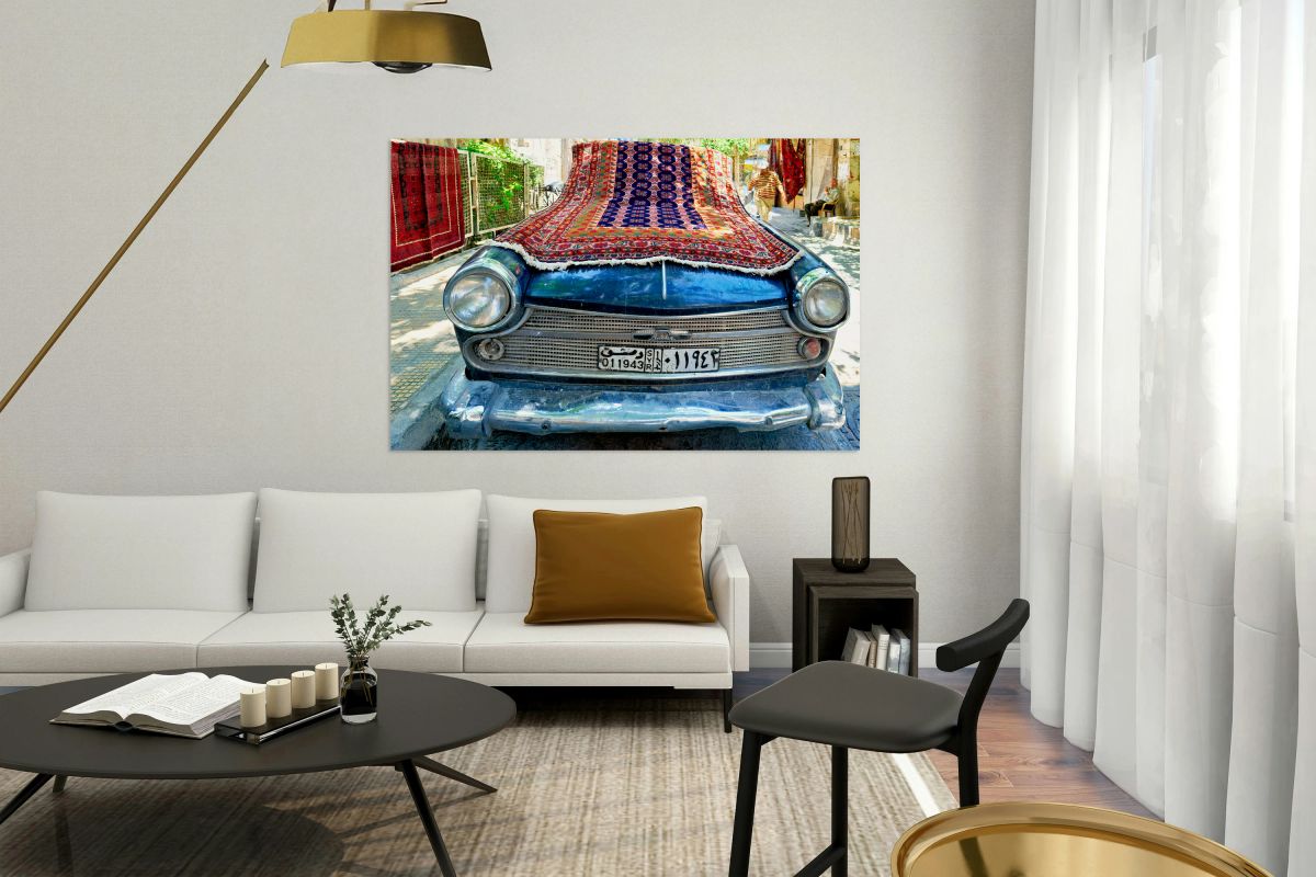 Car covered with carpets on a street in Damascus Syria