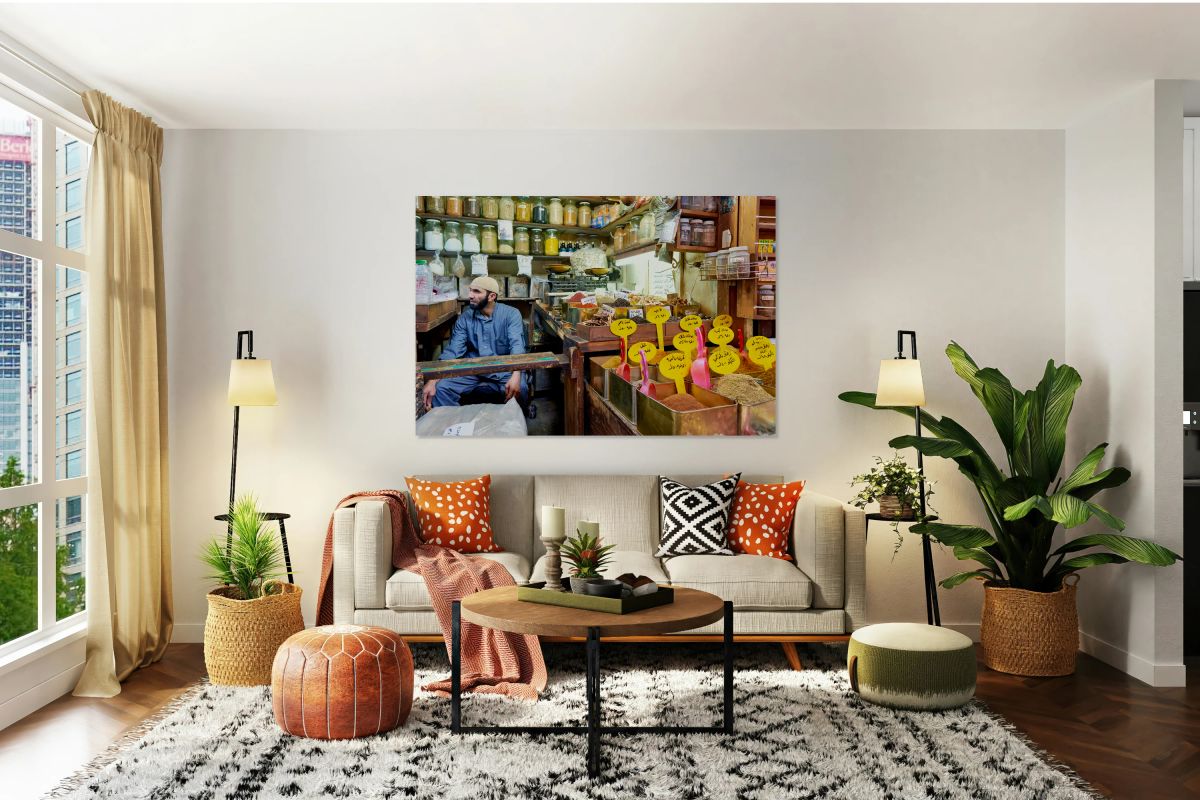 Market scene in Al Hamidiyah Souq showing spices and vendor in S