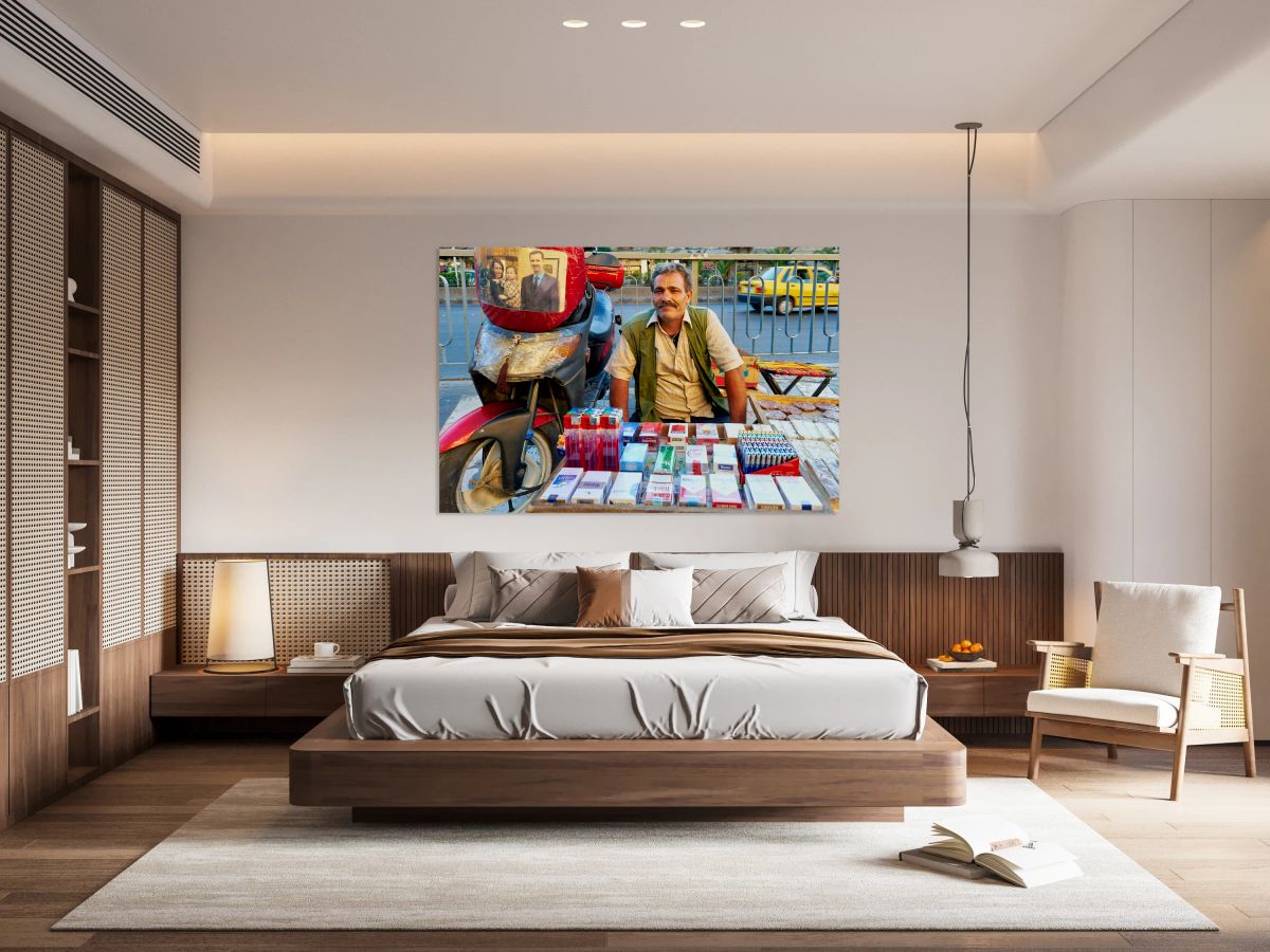 Man selling cigarettes near his motorcycle in Damascus Syria