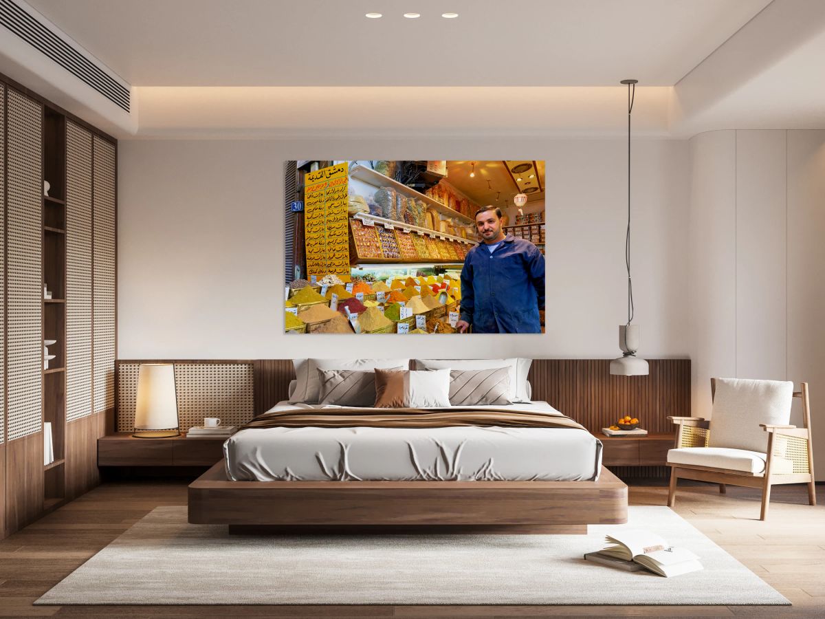 Spice vendor in Al Silah Souq selling colorful spices in Damascu