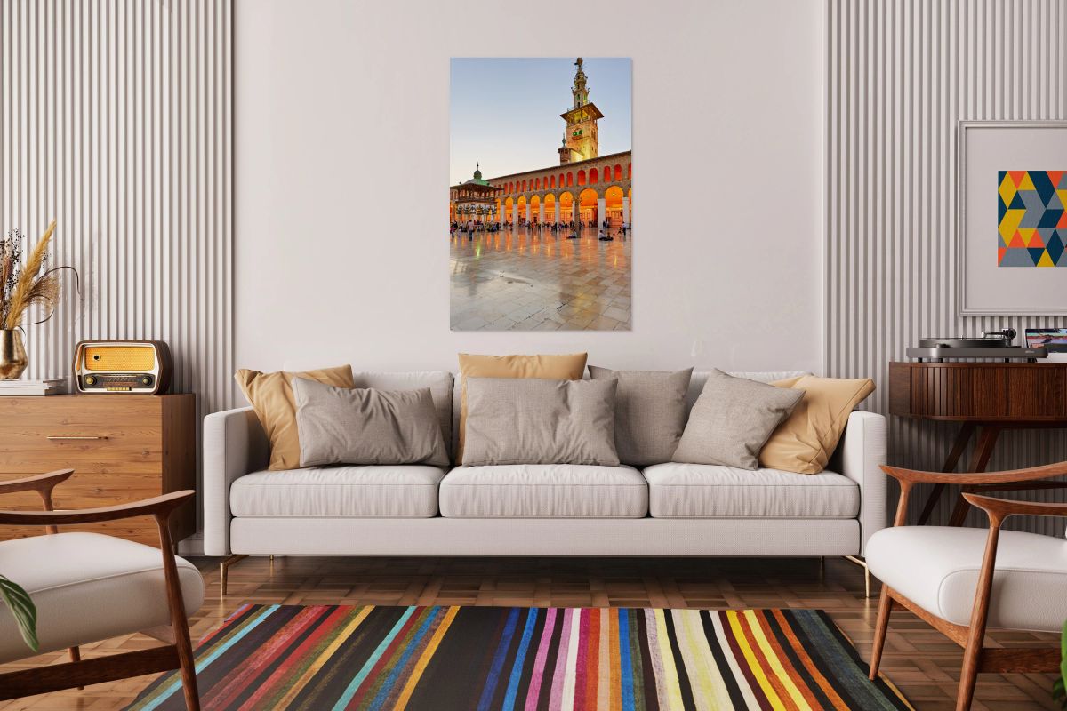 Visitors gather at Umayyad Mosque in Damascus during evening hou