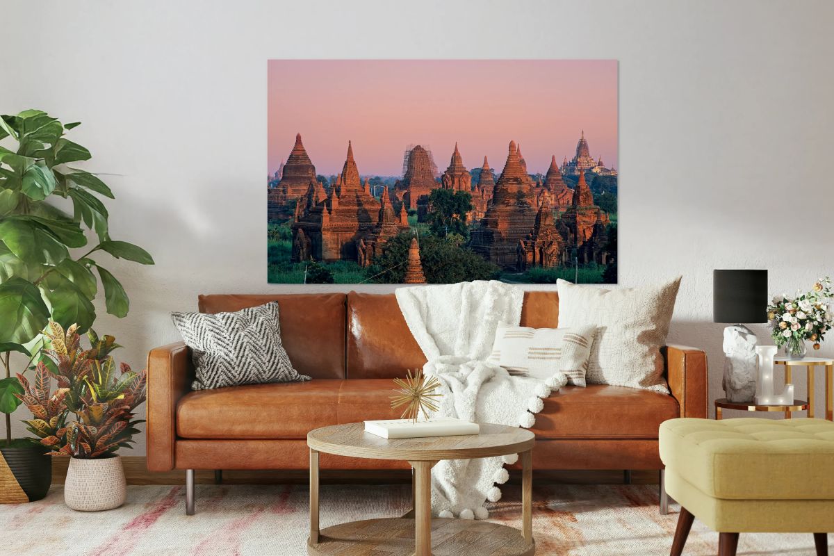 Temples in Bagan at dusk with a clear sky over Myanmar