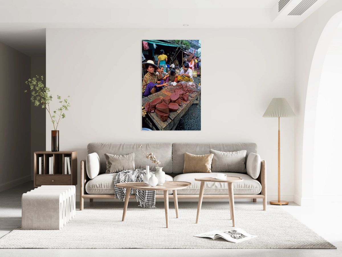 Market scene in Yangon showing vendors selling food items