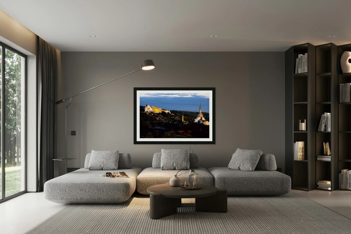 Maha Bodhi Tahtaung and reclining Buddha at sunset in Monywa