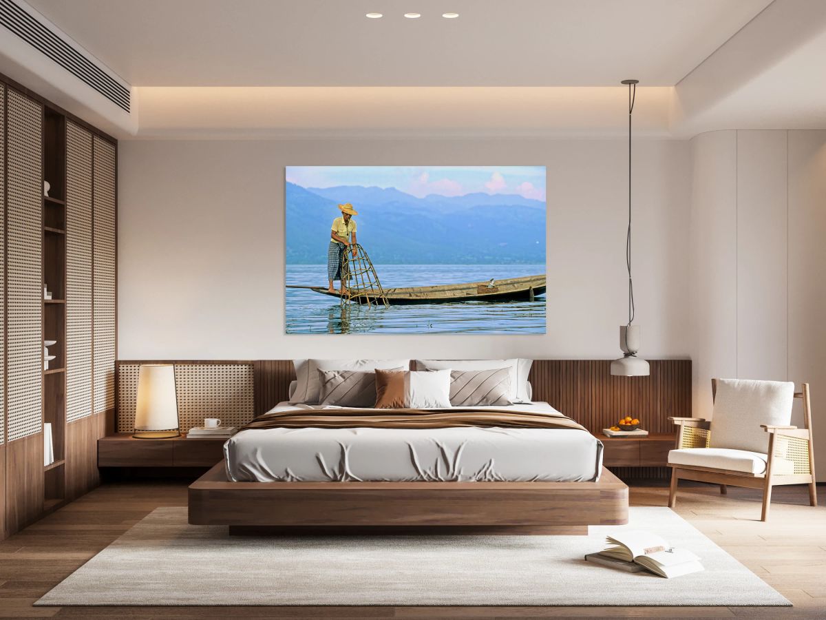 Traditional fishing on Inle Lake in Myanmar by local fisherman