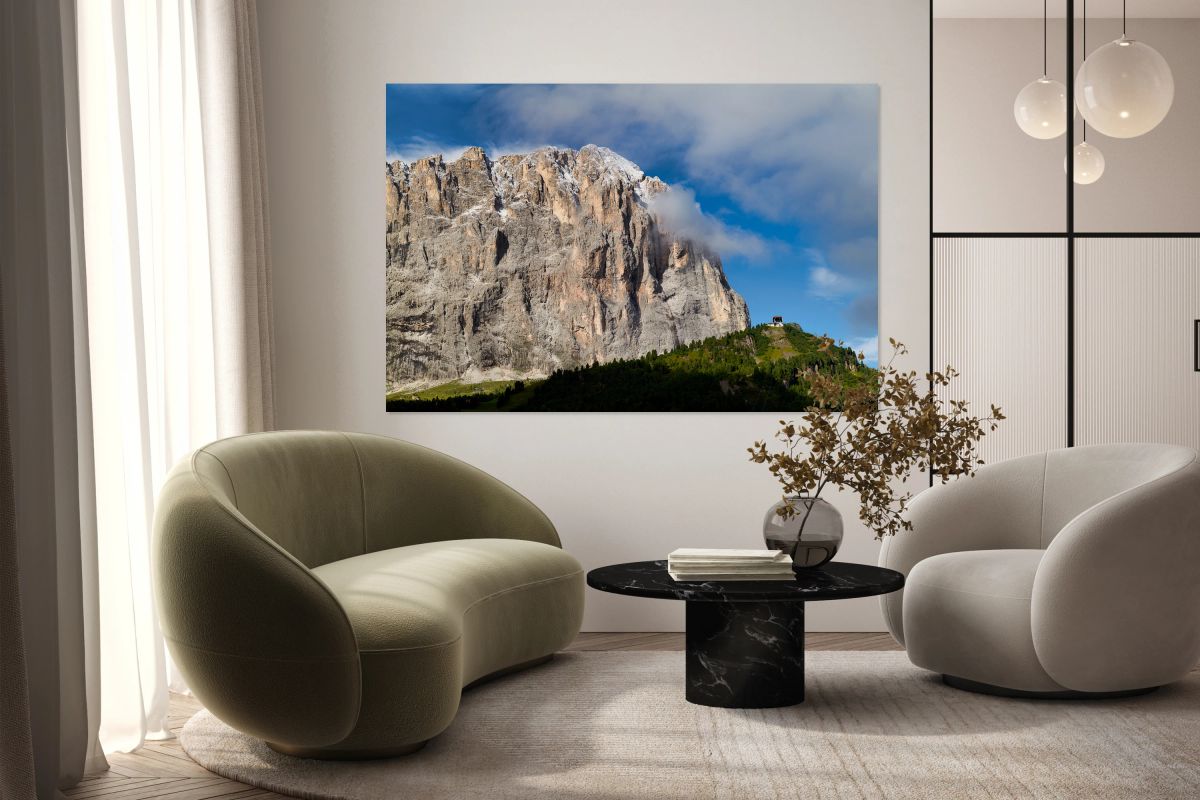 Sassolungo mountain in Val Gardena during clear weather in Italy