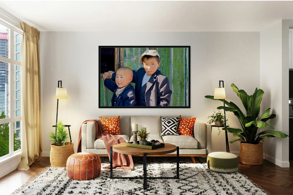 Children in Mongolia standing by a green wooden door