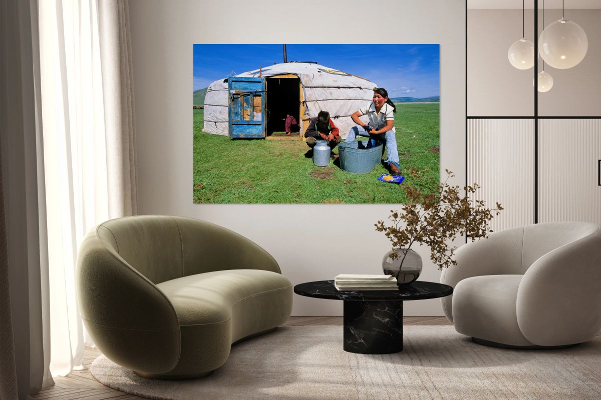 Mongolian ger in the countryside with people and daily activitie